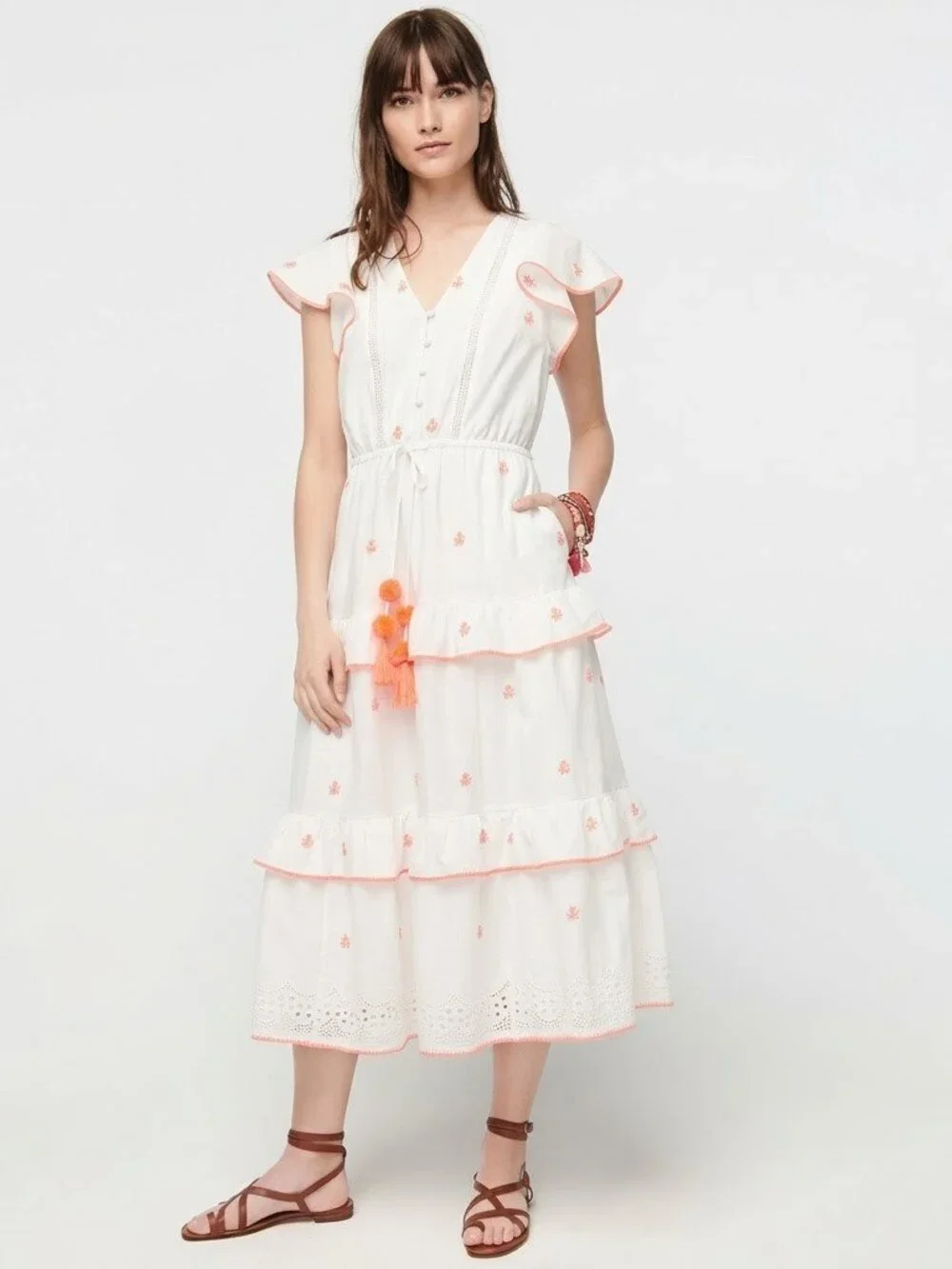 NWT J.Crew Embroidered Midi in White Cotton Voile Tiered Dress 10 $158